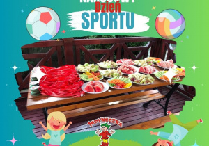Zdjęcie przedstawiające stoły z owocami i wodą dla dzieci w kolorowej ramce.