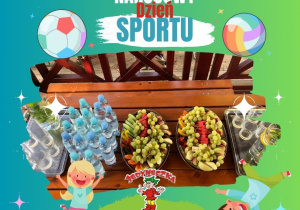Zdjęcie przedstawiające stoły z owocami i wodą dla dzieci w kolorowej ramce.