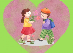 Dzieci trzymające kwiaty na tle różowego serca.