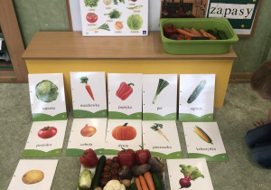 Kolorowe plansze przedstawiające sylwety warzyw oraz pokrojone warzywa na talerzach.