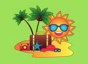 Kolorowa ikona przedstawiająca Słońce, wakacyjną walizkę, palmę i wyspę.