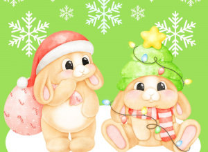 Dwa świąteczne króliczki siedzące na śniegu.
