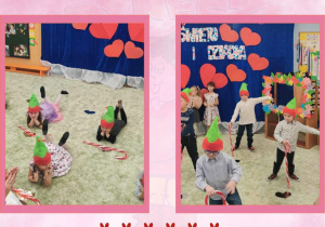 Zdjęcia w różowej ramce przedstawiające dzieci podczas tańca z rekwizytami - dużymi, cukrowymi laskami
