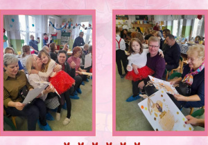 Zdjęcia w różowej ramce przedstawiające dzieci wręczające upominki swoim bliskim, dwie dziewczynki tulą się do dziadków.