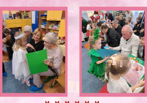 Zdjęciaw różowej ramce przedstawiające dzieci podczas wręczania dziadkom własnoręcznie przygotowanych kalendarzy.