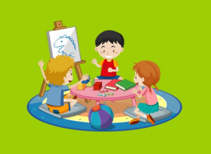 Kolorowa grafika przedstawiająca grupkę dzieci bawiących się na dywanie.