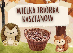 Kolorowa grafika przedstawiająca kosz kasztanów, wiewiórkę i małego jeża.