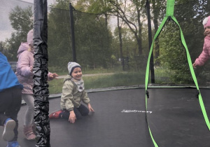 Grupa dzieci podczas zabawy na trampolinie.