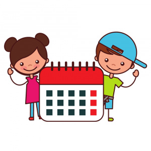 Grafika przedstawiająca chłopca i dziewczynkę oraz kalendarz.
