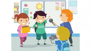 Kolorowa grafika przedstawiająca dzieci w przedszkolu, które udają dziennikarzy.